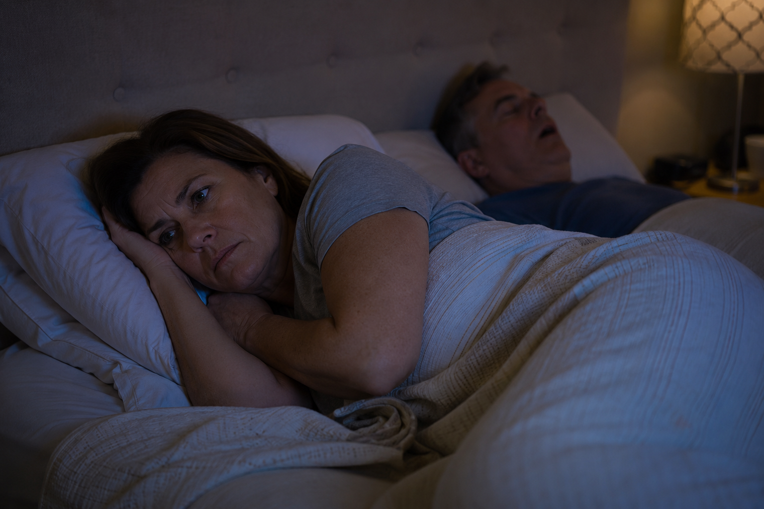 Worried woman lying awake at night next to her snoring partner