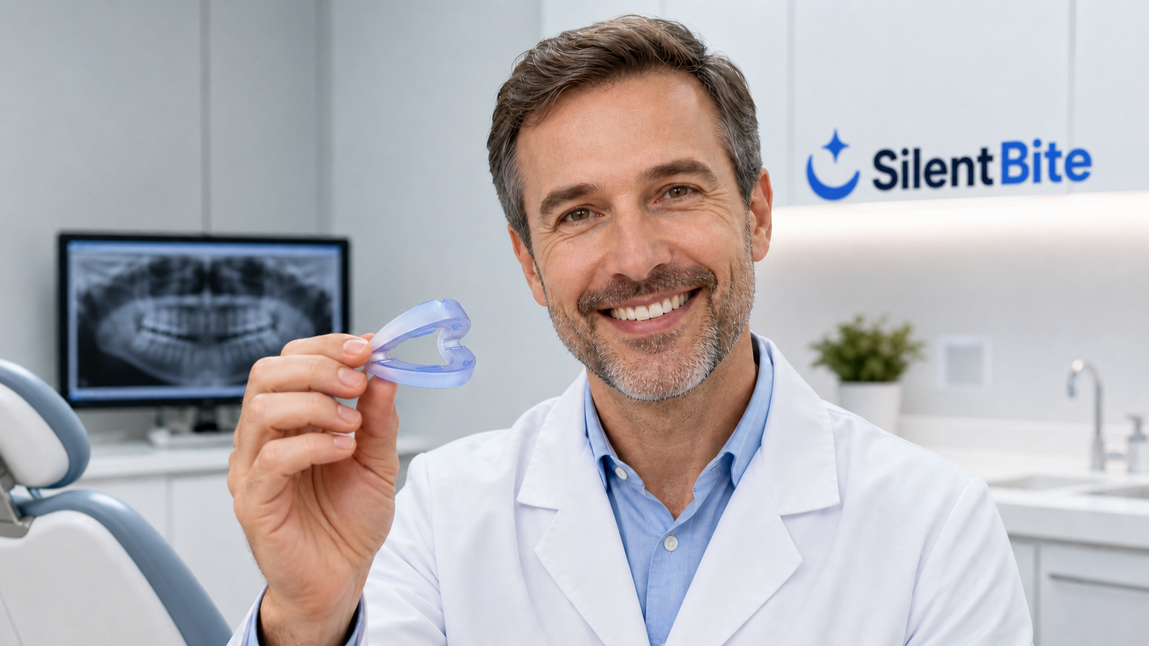 Doctor in white coat holding the Honex anti-snoring mouthpiece